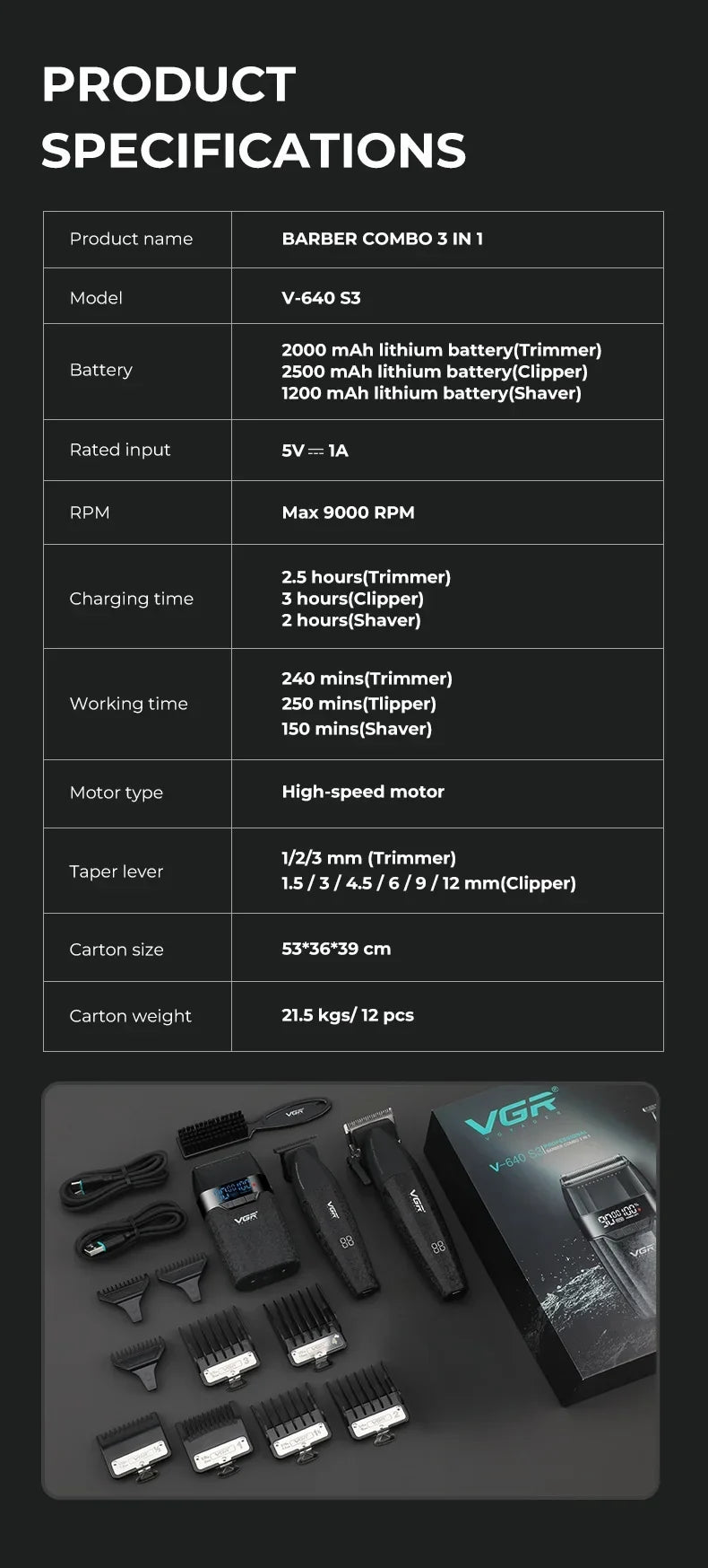 VGR Professional Hair Clipper V-640 S3 — 9000RPM Hair Cutting Machine & Beard Trimmer for Men