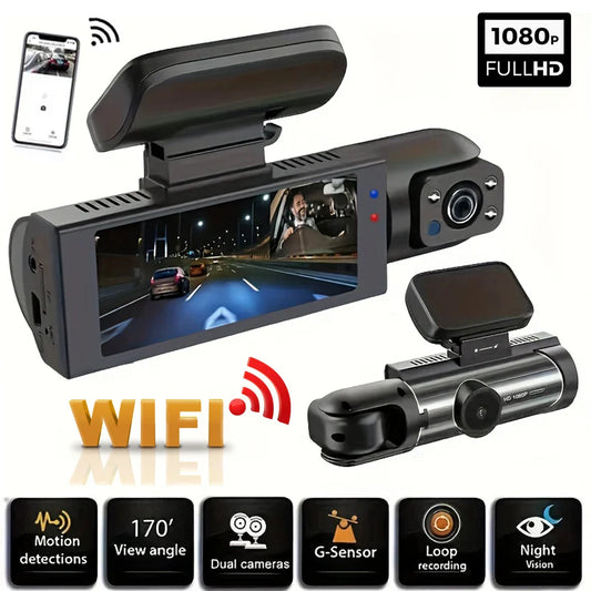 1080P WiFi Dual Camera Dash Cam — Front & Inside Car DVR with IR Night Vision, Loop Recording & Wide-Angle Lens
