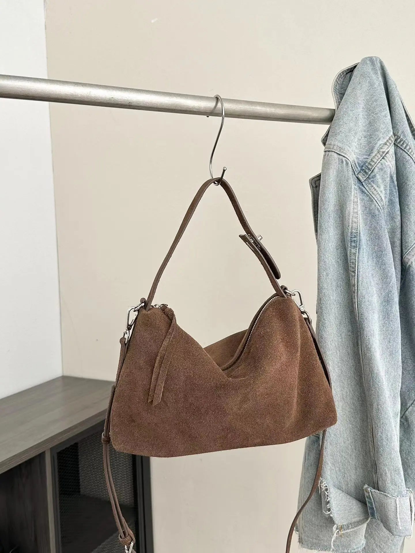 Simple Autumn Winter Grey & Brown Boston Tote — Soft Matte Suede Cow Leather Women's Shoulder Handbag