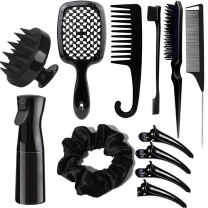 12PCS Hairstyling Comb Set – Tail Comb, Hair Spray Bottle, Loop Weaving Tool, Shampoo Brush & Salon Styling Tools