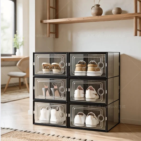 6/12/24PCS Transparent Shoe Boxes – Foldable, Stackable Plastic Shoe Storage Rack with Thick Tape Cover, Space-Saving Organizer