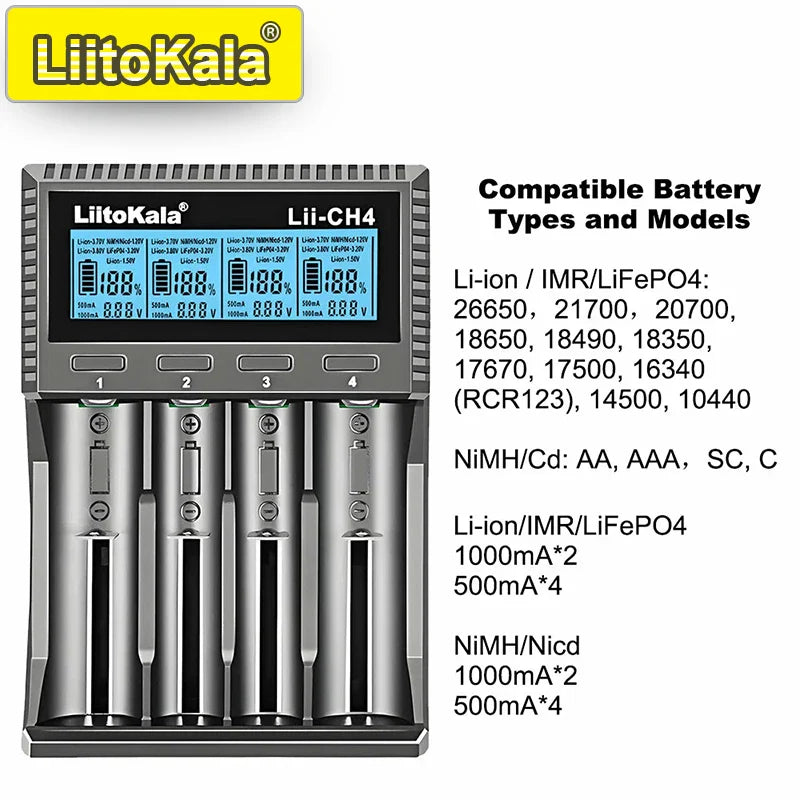 LiitoKala Lii-CH4 Smart Battery Charger – 4-Slot Fast USB-C Charging for 18650/21700/26650/AA/AAA Ni-MH & Li-Ion with Auto Detect