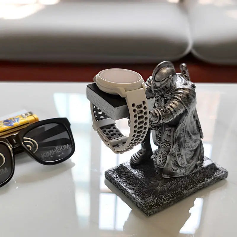 Apple Watch Charging Dock Stand – Cartoon Desktop Smartwatch Holder with Black Warrior Figurine Support