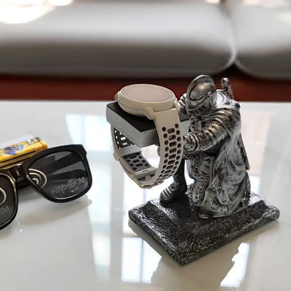 Apple Watch Charging Dock Stand – Cartoon Desktop Smartwatch Holder with Black Warrior Figurine Support