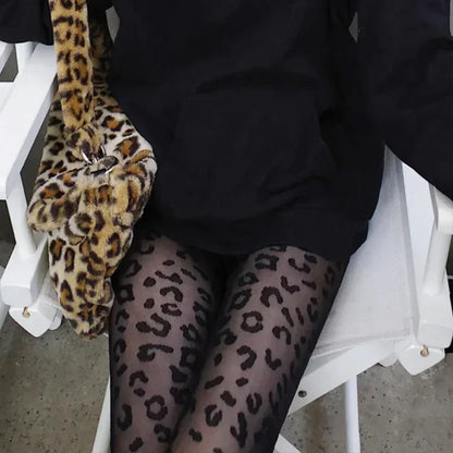Vintage Gothic Sheer Pantyhose – Sexy Black Leopard Print Transparent Tights for Women