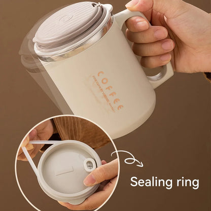 WORTHBUY Double-Layer Stainless Steel Coffee Cup – Insulated 304 Travel Mug with Spoon & Straw, Anti-Scald Milk & Water Cup