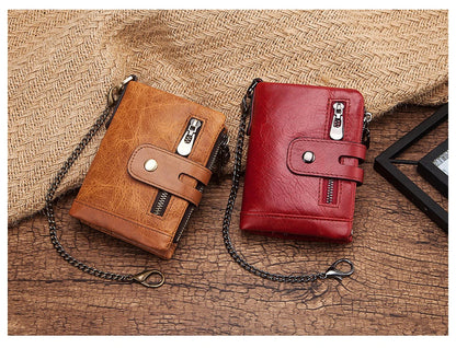 Fashion Women’s Leather Wallet — Genuine Leather Clutch with Hasp & Double Zipper, Short Coin Pocket and ID Card Holder Purse