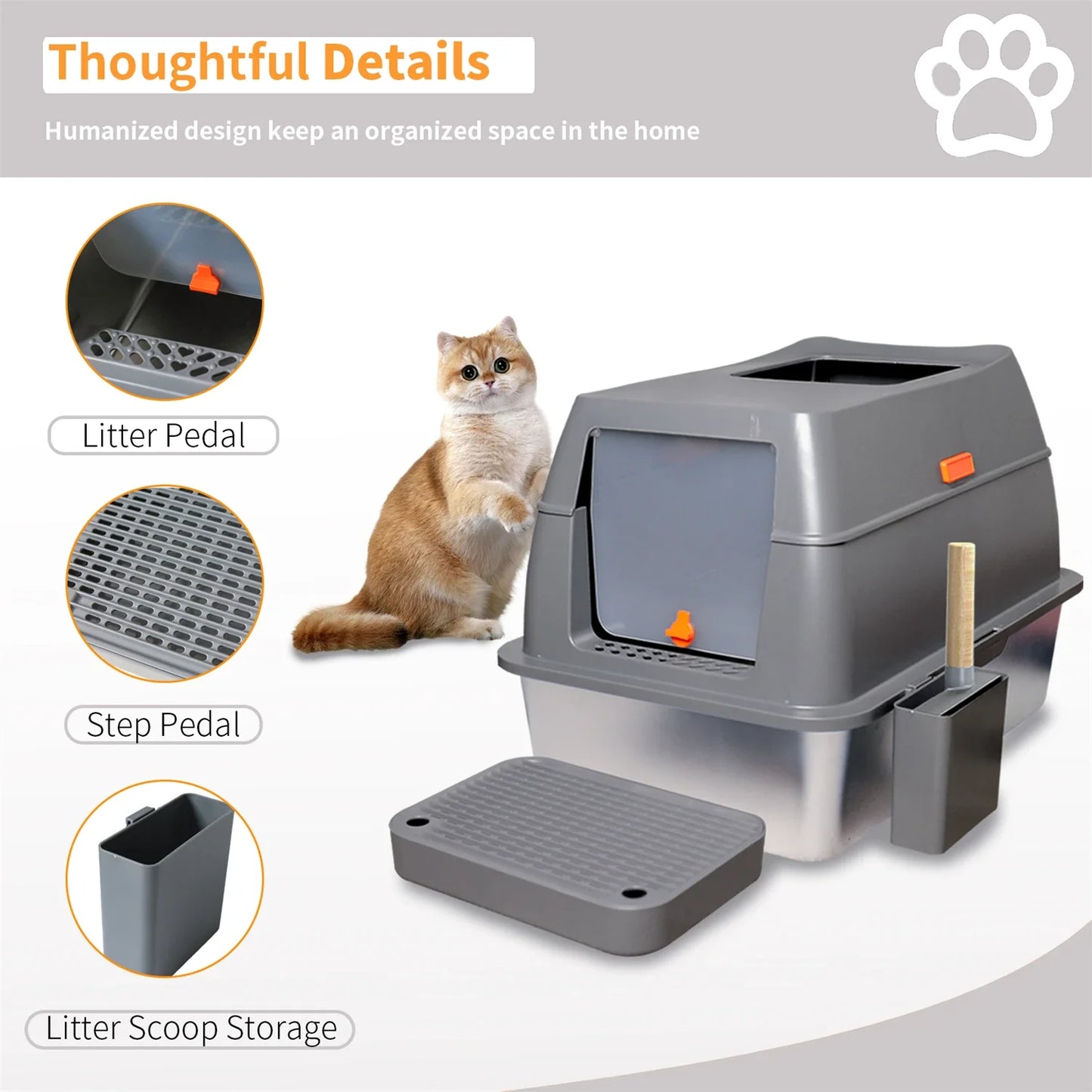 Extra Large Enclosed Stainless Steel Cat Litter Box with Lid – High Wall Metal Litter Pan for Big Cats