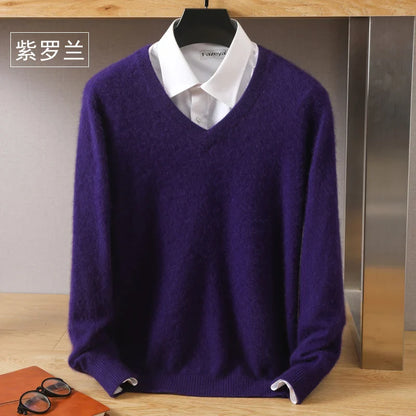 Men’s 100% Pure Mink Cashmere Sweater – V-Neck Knit Pullover, Long Sleeve Winter Jumper, Large Size High-End Top