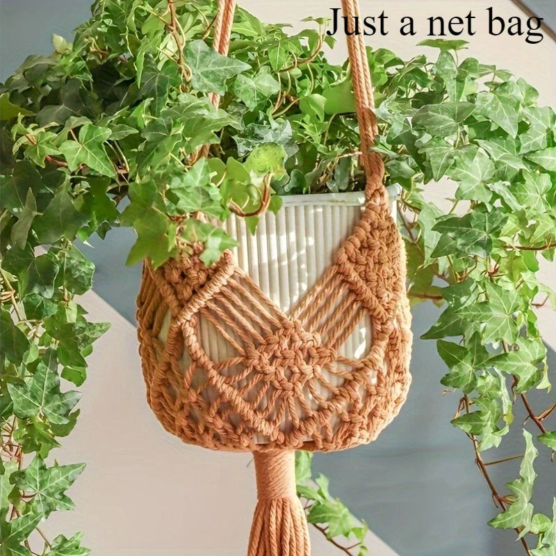 Boho Macrame Plant Hanger – Cotton Rope Woven Basket with Net Pouch for Indoor & Outdoor Hanging Succulents
