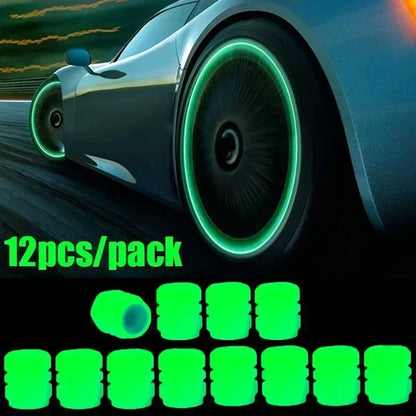 12Pcs Luminous Valve Stem Caps - Fluorescent Night Glowing Wheel Hub Caps for Motorcycle, Bicycle and Car Tyres