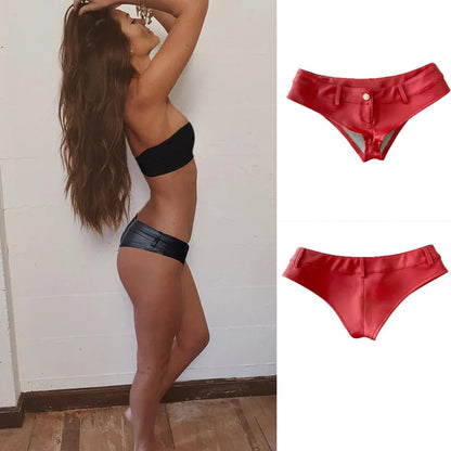 2025 Sexy Women’s Low Waist Patent Leather PU Shorts – Nightclub Style with Button & Zipper