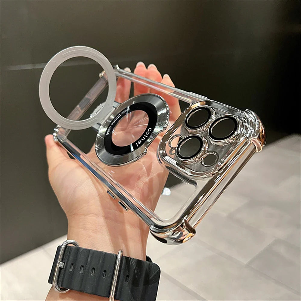 Luxury Plated Shockproof Magnetic Bracket for MagSafe – Clear Case with Stand Holder for iPhone 15, 16, 14, 13, 12, 11 Pro Max