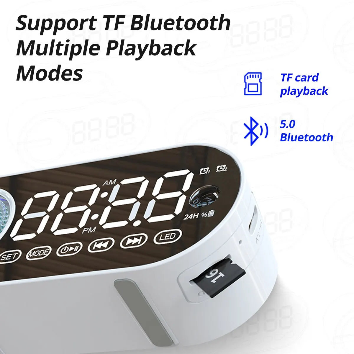 Quiet Wireless Bluetooth Speaker Alarm Clock – RGB TWS LED Mirror Digital Clock with USB, FM, Large Display for Living Room & Office