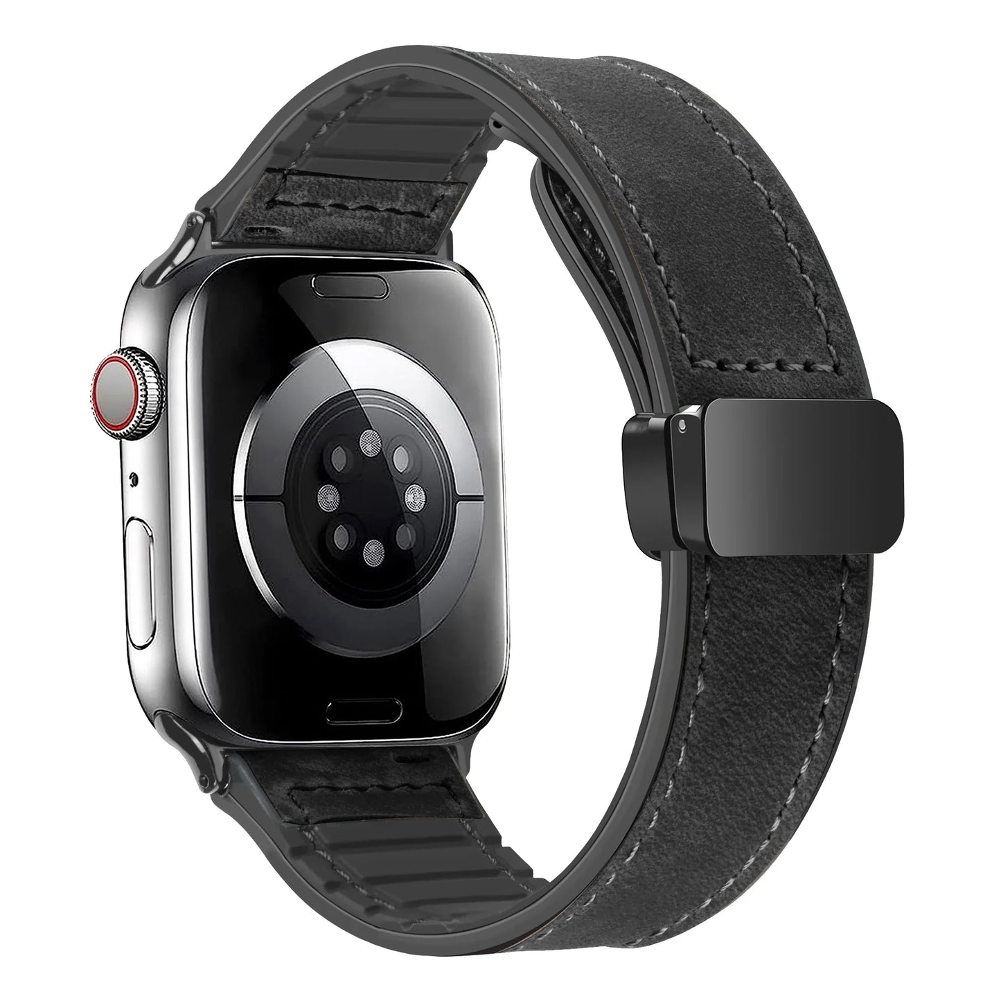 Leather Strap for Apple Watch – Compatible with Series 5-10, Ultra, SE, 40-49mm, Men’s Silicone & Leather iWatch Band
