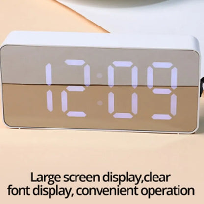 White LED Mirror Table Clock – USB Digital Alarm Clock with Snooze, Night Light & Time Display for Home Decor