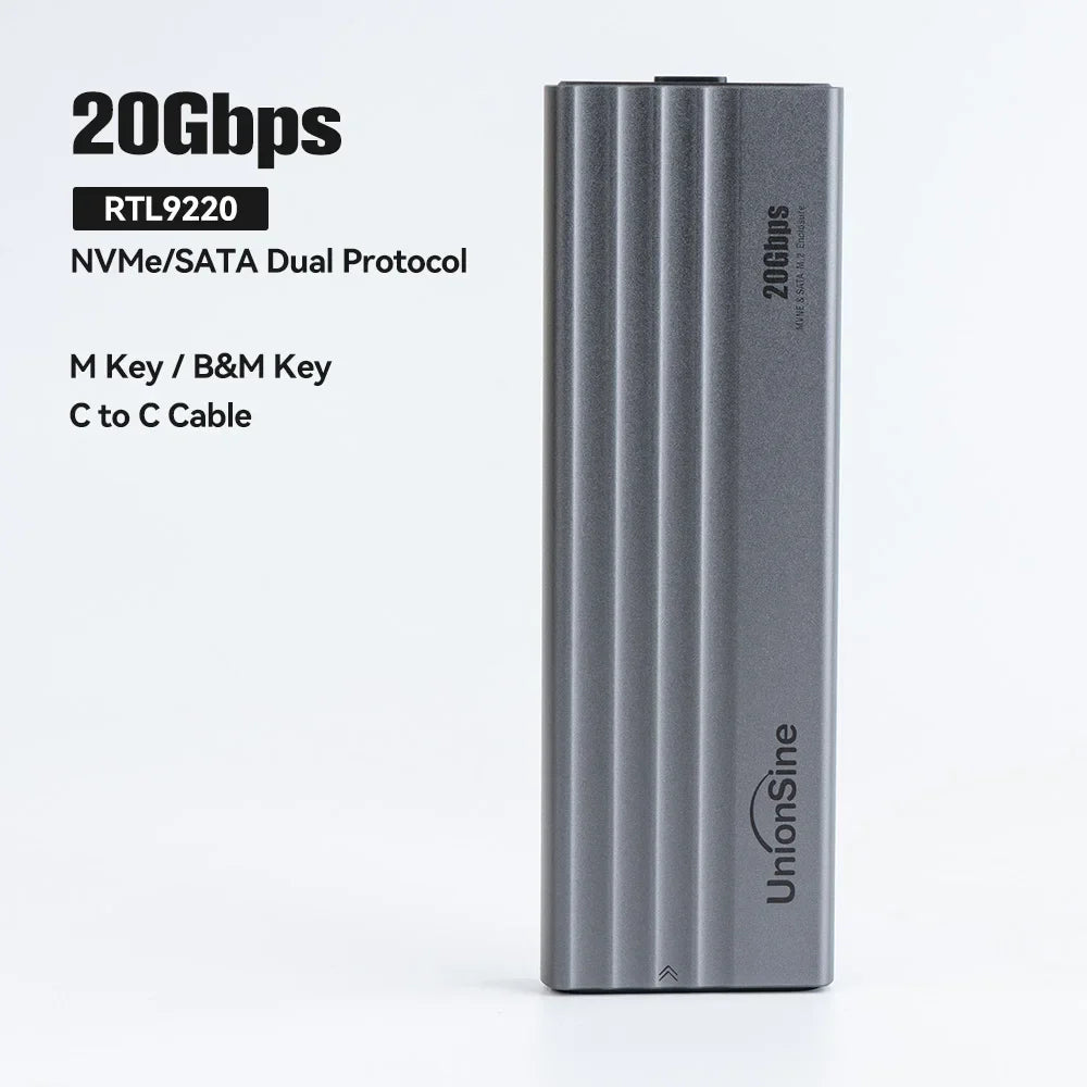 UnionSine 20Gbps M.2 PCIe SSD Case – Dual Protocol M.2 to USB Type-C 3.1 Adapter for NVMe, NGFF, and SATA SSD