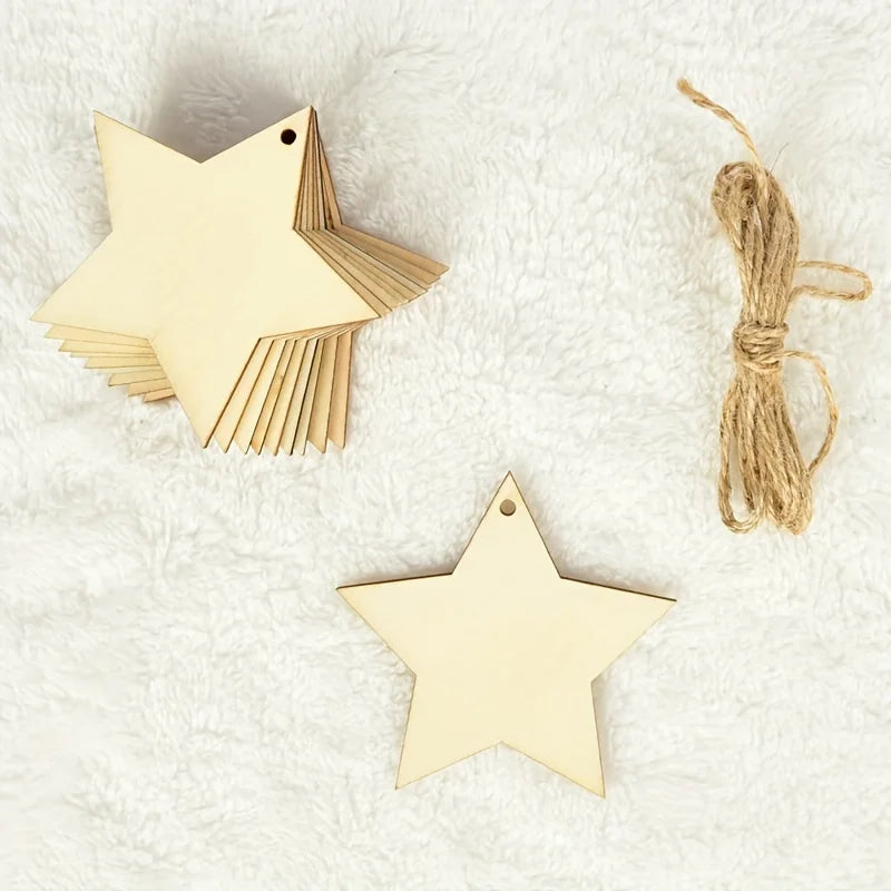 Unfinished Wooden Star Hanging Pendants (20/30/40/50pcs) – DIY Craft Wood Slices for Christmas Tree & Decoration Ornaments