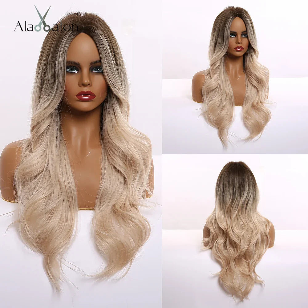 ALAN EATON Black Long Wavy Synthetic Wig – Natural Afro Hair, Middle Part, Heat-Resistant Fiber for Daily Use