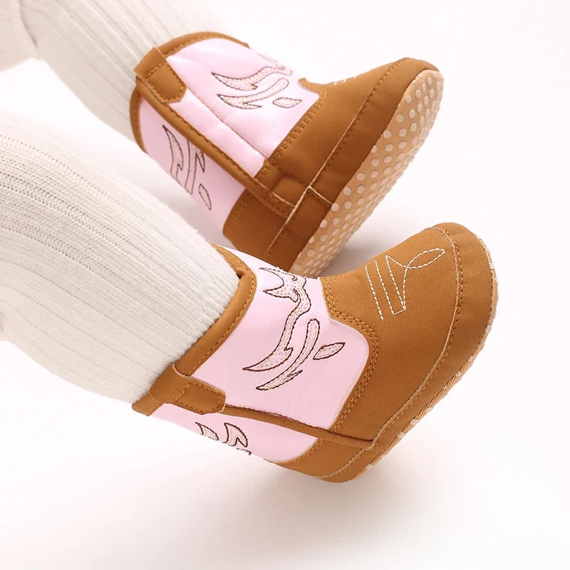 Western Cowboy Baby Boots - Soft Sole Embroidered Pre-Walker Shoes for Newborn Girls 0-18M