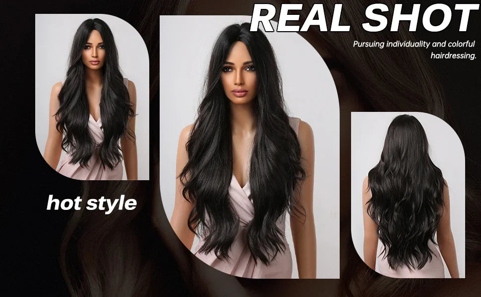 ALAN EATON Black Long Wavy Synthetic Wig – Natural Afro Hair, Middle Part, Heat-Resistant Fiber for Daily Use