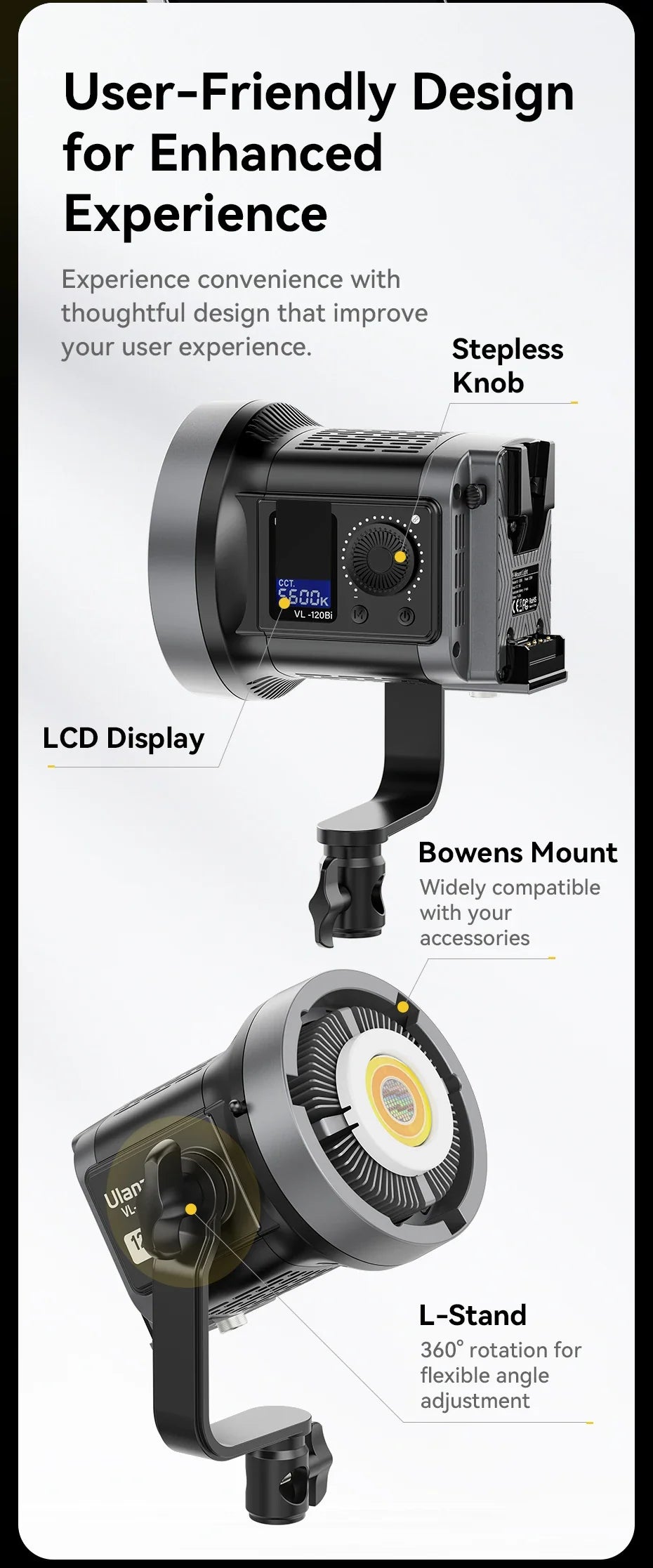 Ulanzi VL-120Bi VL-120C 120W V-Mount COB Light – Wireless APP Control, 2700K-6500K Video Light for Skit Video Photography