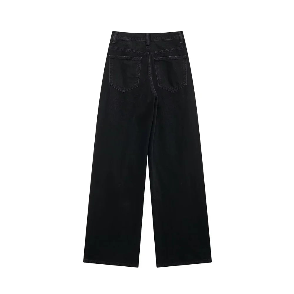 TRAF Women’s Basic Hundred Jeans — High Waist Asymmetric Wide-Leg Trousers, Casual Straight-Leg Fashion Jeans