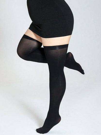 Plus Size Women's Thigh-High Socks - Breathable Sheer Black Stockings for Everyday Wear