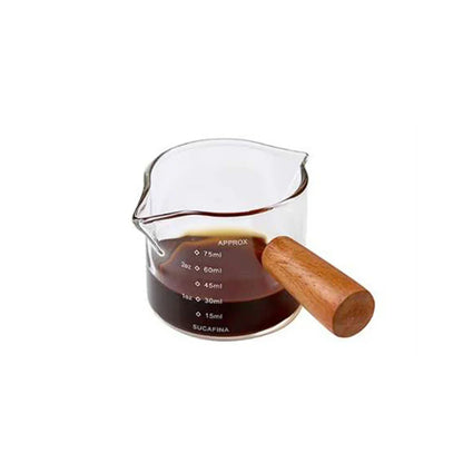Glass Measuring Cup with Wood Handle – Clear Espresso and Milk Coffee Mug with Double Spout
