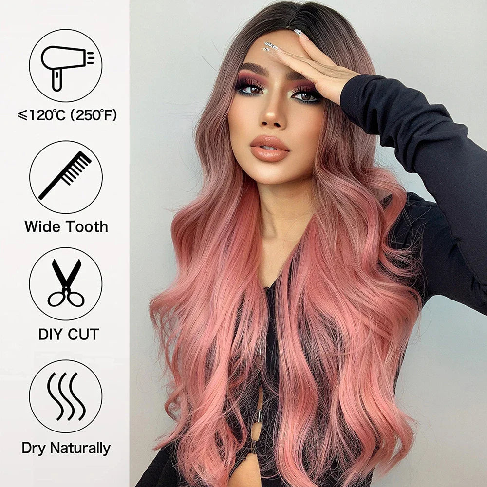 Long Pink Wavy Wig for Women — Middle Part Synthetic Hair, Heat-Resistant, Natural-Looking Cosplay Wig