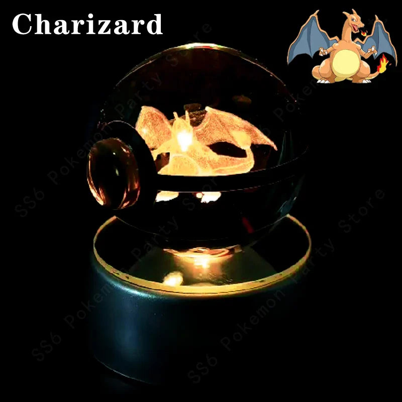Pokemon Crystal Ball Night Light - 3D Pikachu, Gengar, Mew and Mewtwo Lamp Base, Glass Pokeball Figure, Birthday Gift