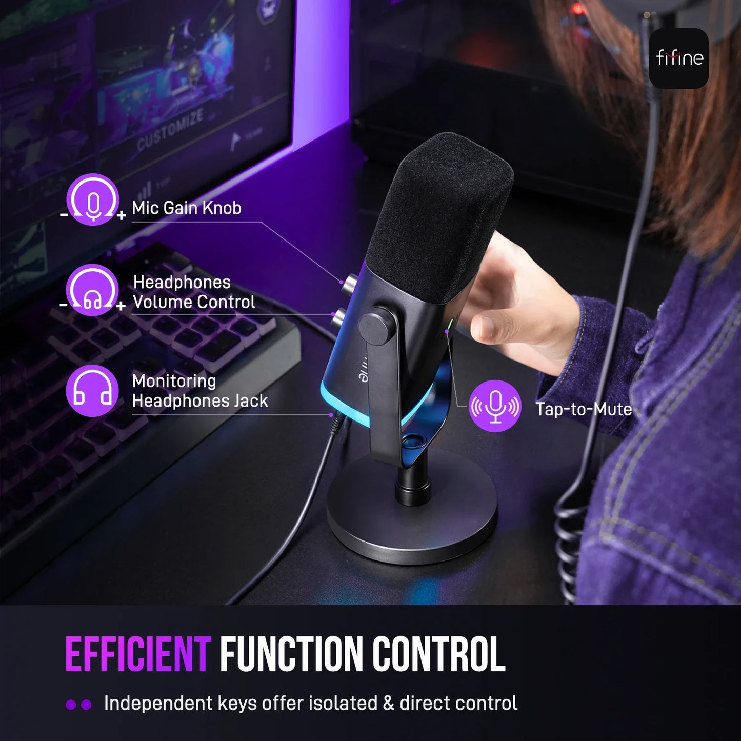 FIFINE AmpliGame AM8 USB/XLR Dynamic Microphone – RGB Control, Headphone Jack, Mute Button for PC Gaming, Recording, and Streaming