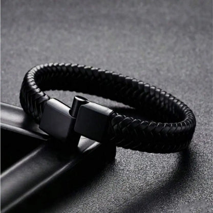 Retro Men’s Leather Open Bangle - Woven Adjustable Bracelet for Outdoor Sports & Casual Style Gift