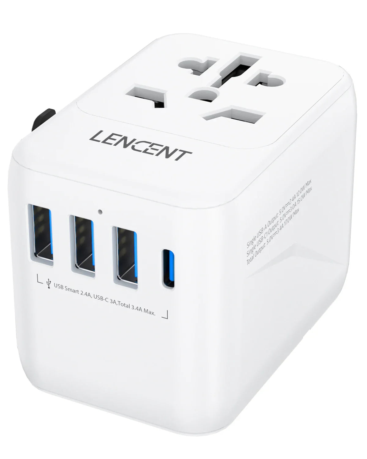 LENCENT Universal Travel Adapter with 3 USB Ports & Type-C PD Charging - EU/UK/USA/AUS Plug, All-in-One Travel Charger