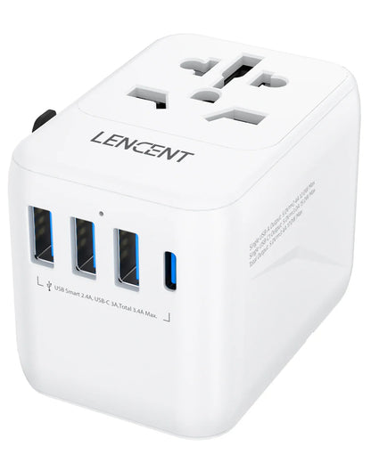 LENCENT Universal Travel Adapter with 3 USB Ports & Type-C PD Charging - EU/UK/USA/AUS Plug, All-in-One Travel Charger