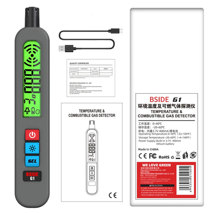 BSIDE Portable Combustible Gas Detector - Charging Model, Natural and Coal Gas Leakage Alarm with Air Temperature and Humidity Test, 1 Set