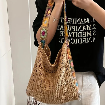 Women’s Boho Crochet Tote Bag – Floral Knitted Large Capacity Beach Shoulder Bag Summer Woven Shopper Handbag