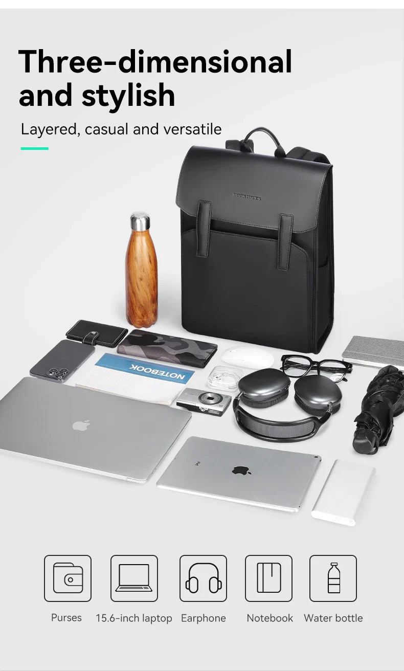 Mark Ryden Classic Business Black Leather Backpack – 15.6" Laptop, Waterproof, School & Work Bag for Men