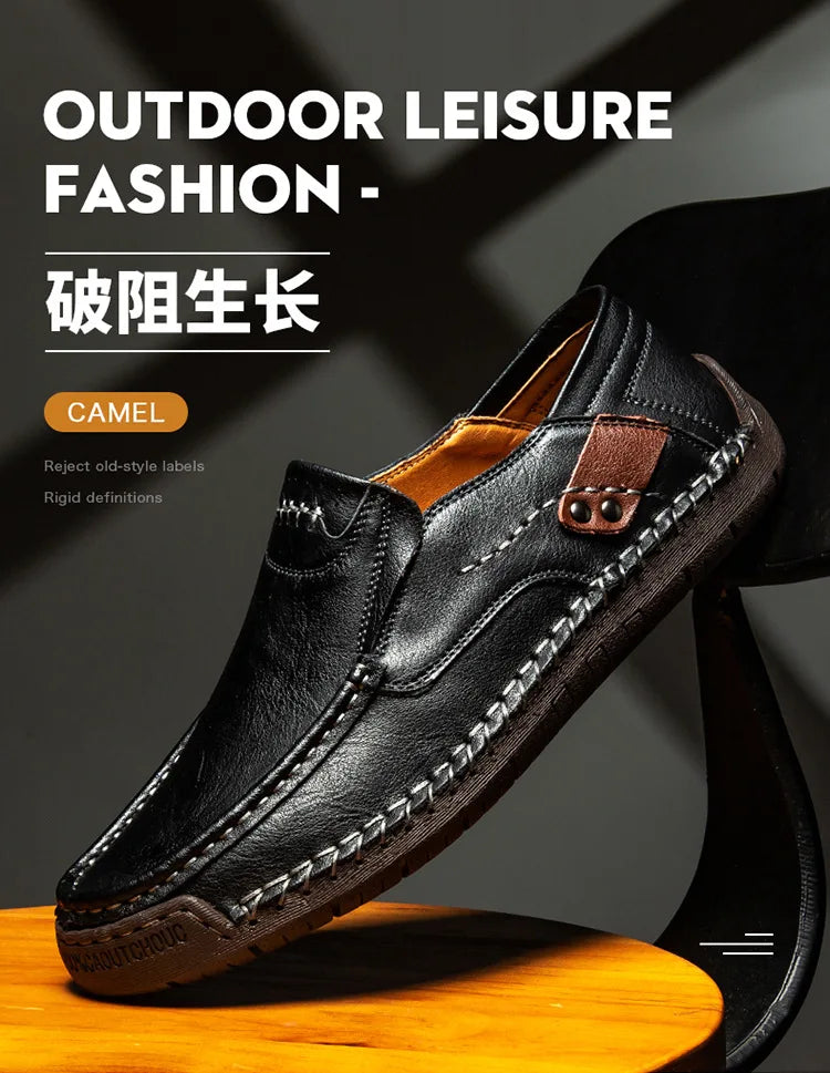 Handmade Leather Men’s Loafers – Casual Slip-On Flats, Comfortable Outdoor Walking Shoes
