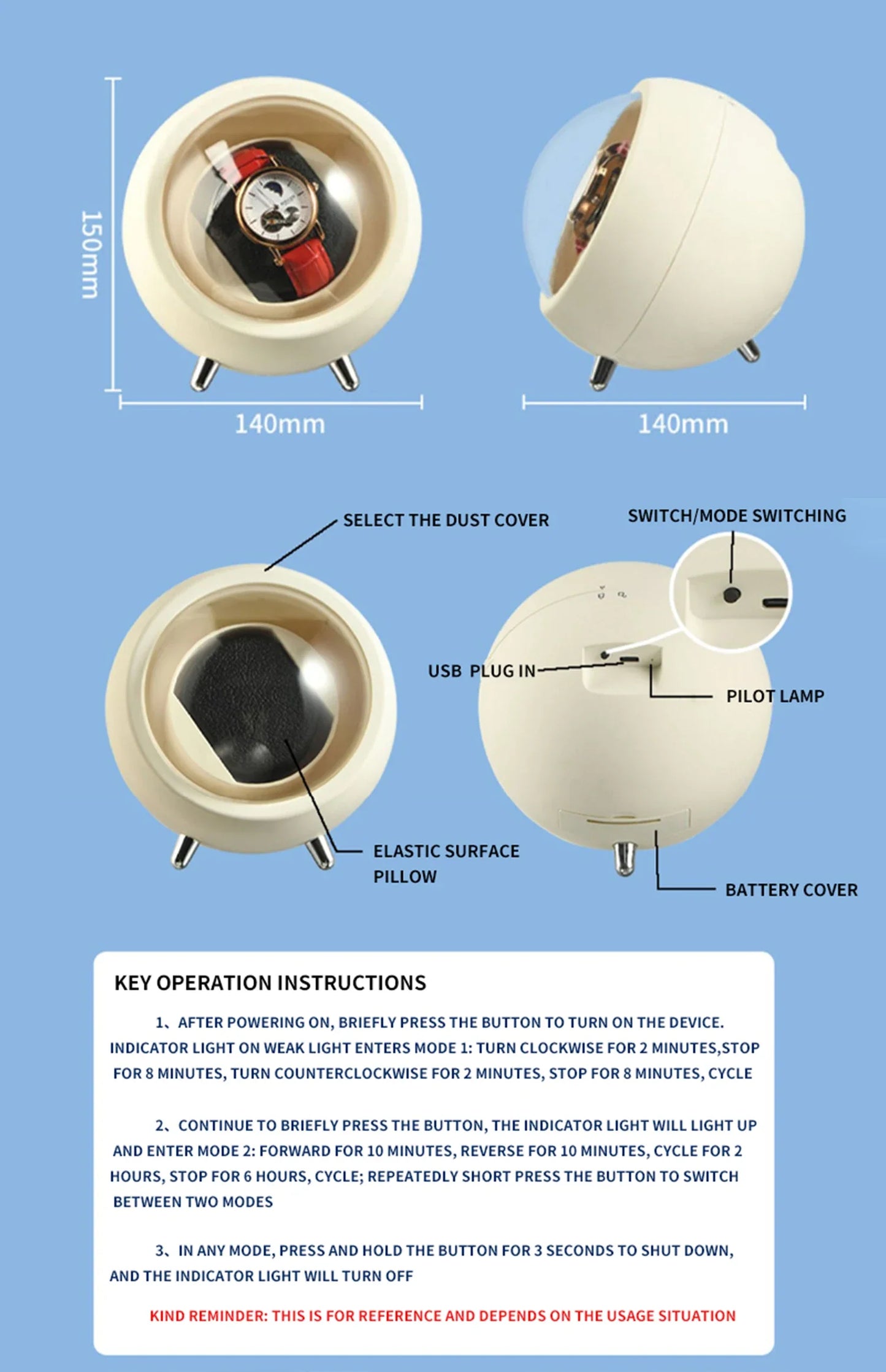 IBBETON Single Watch Winder – Automatic Storage Box with USB Cable & Battery, Mabuchi Mute Motor for Automatic Watches