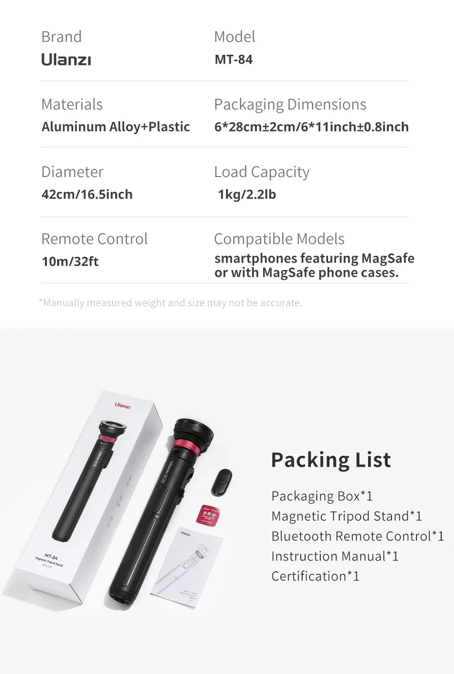 Ulanzi MT-84 Selfie Stick Magnetic Tripod - 1.53M, Wireless Bluetooth Remote, Phone Extension for Live Streaming & Vlogs
