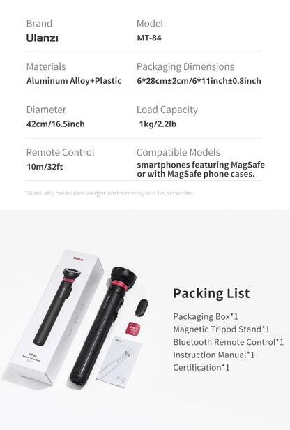 Ulanzi MT-84 Selfie Stick Magnetic Tripod - 1.53M, Wireless Bluetooth Remote, Phone Extension for Live Streaming & Vlogs