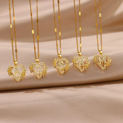 Gold Zircon Heart Initial Necklace – Stainless Steel Letter Pendant Jewelry for Women