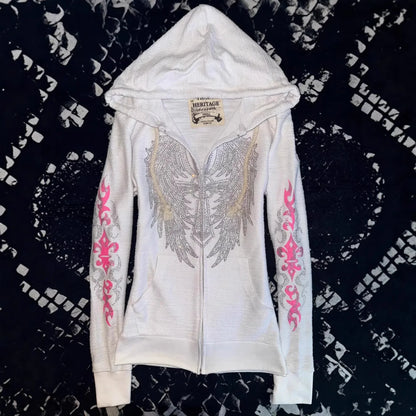 Women’s Y2K Rhinestone Hooded Jacket - Vintage Angel Wing Cross Crystal Streetwear