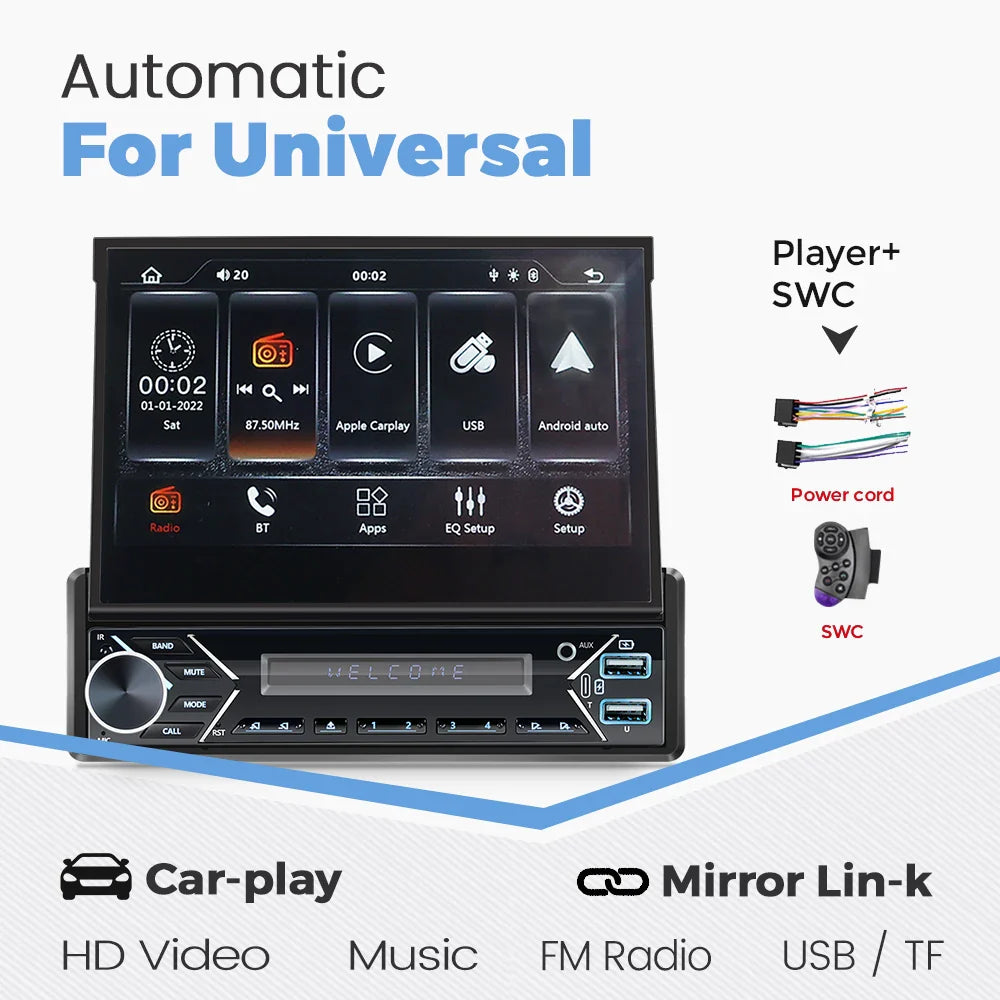 Carplay Android Auto 1 Din MP5 Player - 7 Inch Retractable Touch Screen, FM Radio, Mirror Link, Manual & Automatic Car Player
