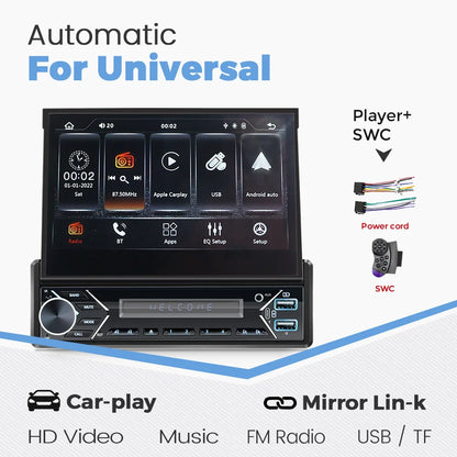 Carplay Android Auto 1 Din MP5 Player - 7 Inch Retractable Touch Screen, FM Radio, Mirror Link, Manual & Automatic Car Player