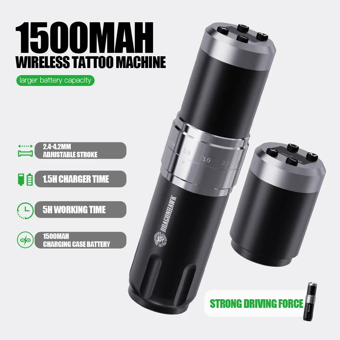 Dragonhawk X10 Wireless Tattoo Machine Pen – Adjustable 7 Strokes, Lining & Shading Modes, 2 Modes
