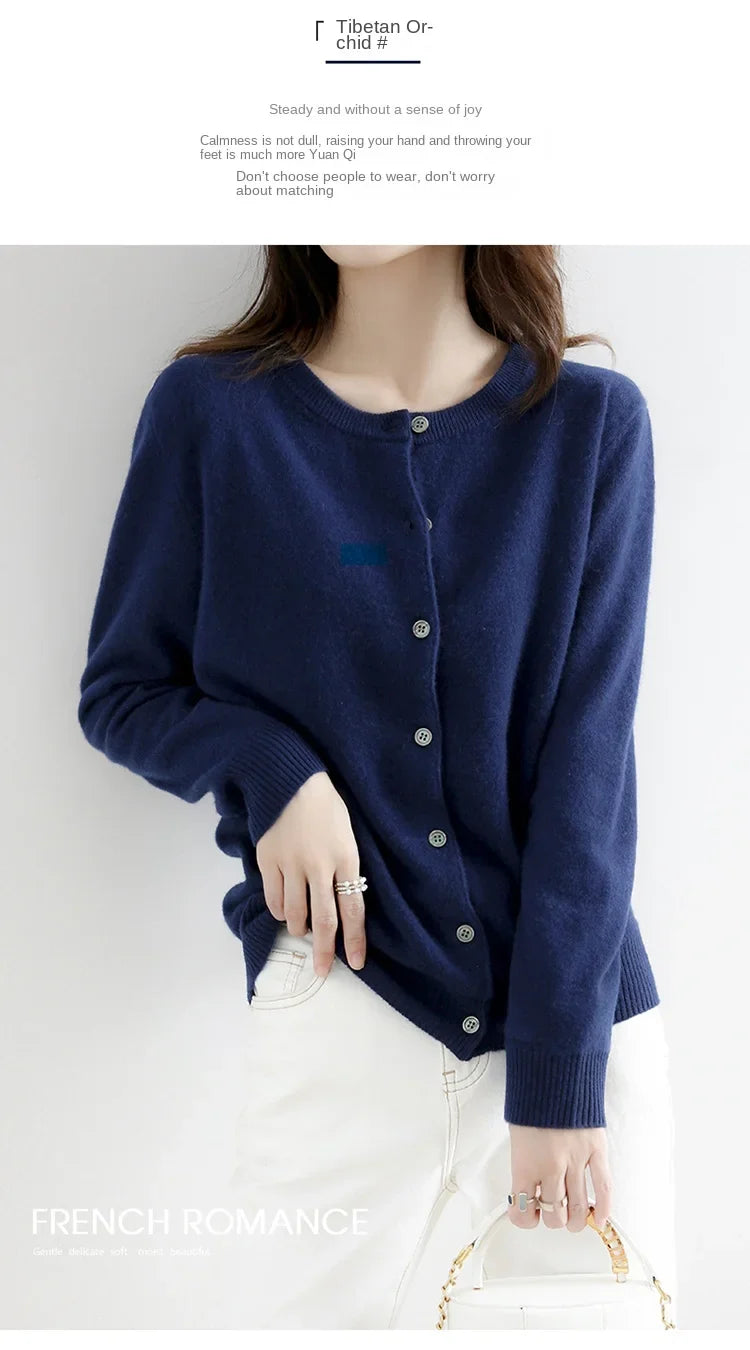 Women’s Solid Color Knit Cardigan - Spring Autumn Round Neck Worsted Sweater ZD-021