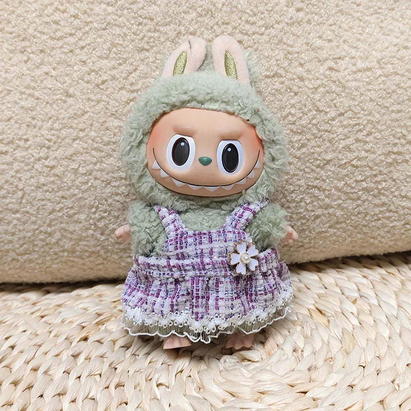 17cm Labubu II Mini Doll Clothes — Luxury Bow Headband Dress Outfit Set for Sitting, Party & Game Accessories