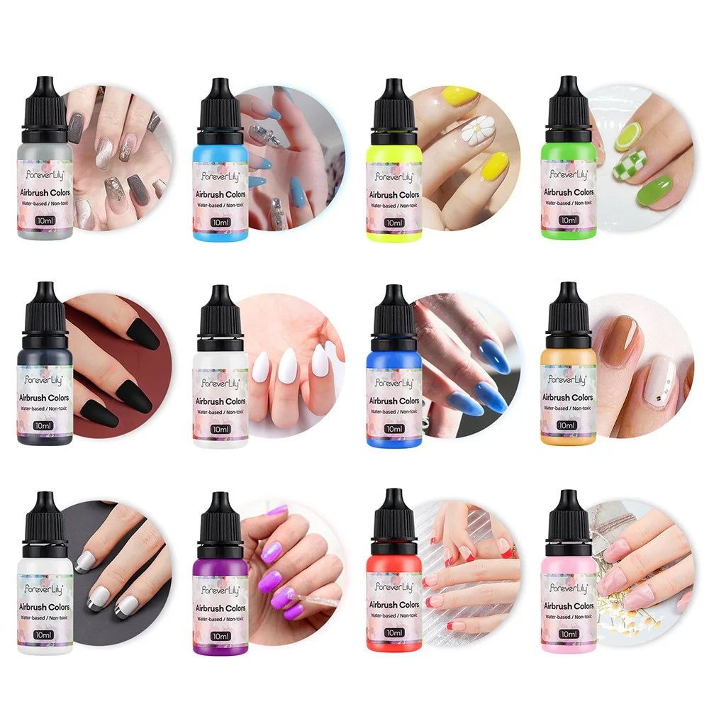 12pcs Airbrush Nail Ink Paint Set – Colorful Nail Polish for Spray Gun, Stencil & Hollow Pattern Art Tools